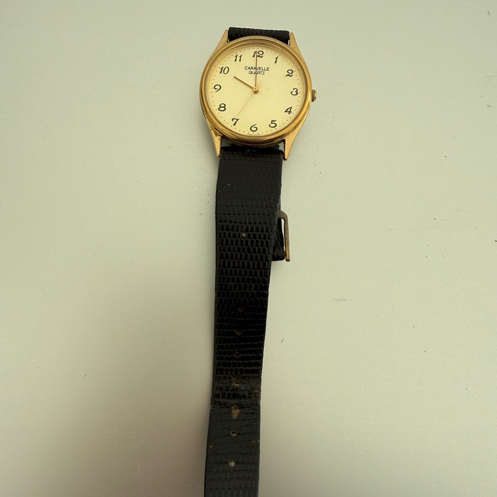 Vintage Caravelle Quartz Analog Watch Gold-Tone Dial Black Leather Strap